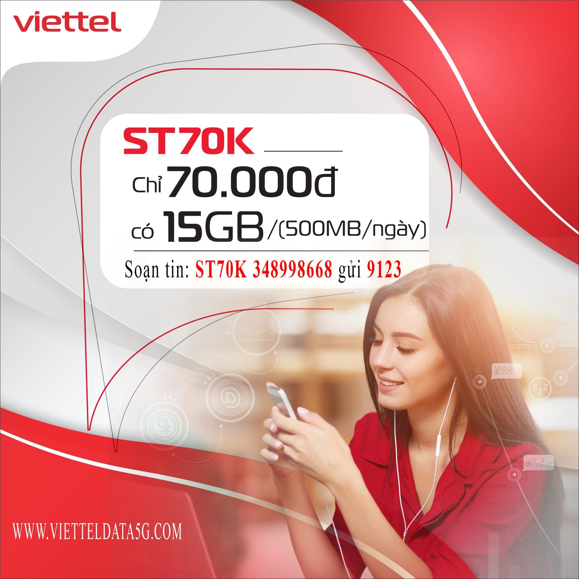 Đăng ký ST70K Viettel nhận ngay 15gb data truy cập mạng internet và truy cập miễn phí ứng dụng tiktok.